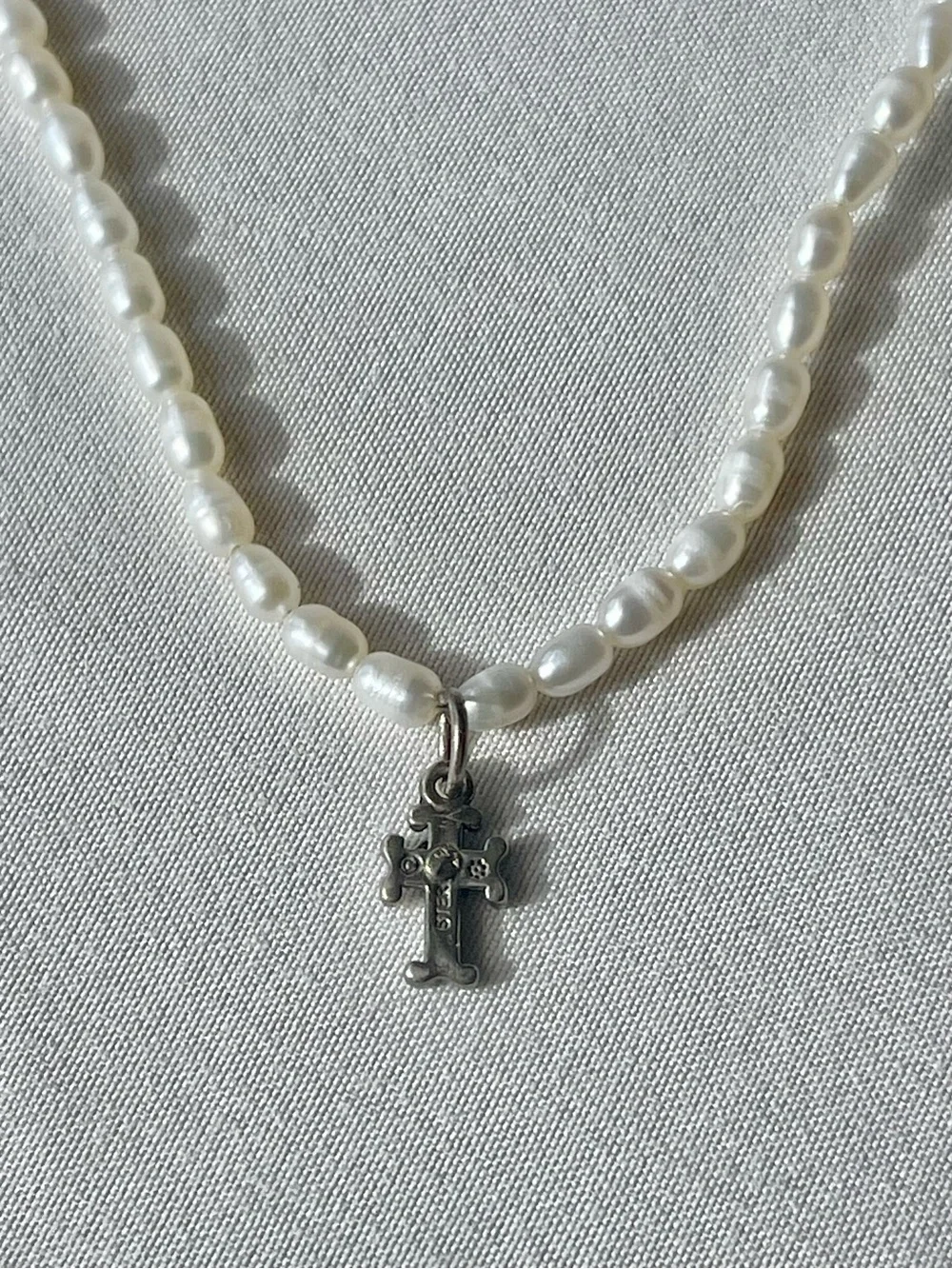 Girls' White Pearl Necklace with Silver Cross Charm
